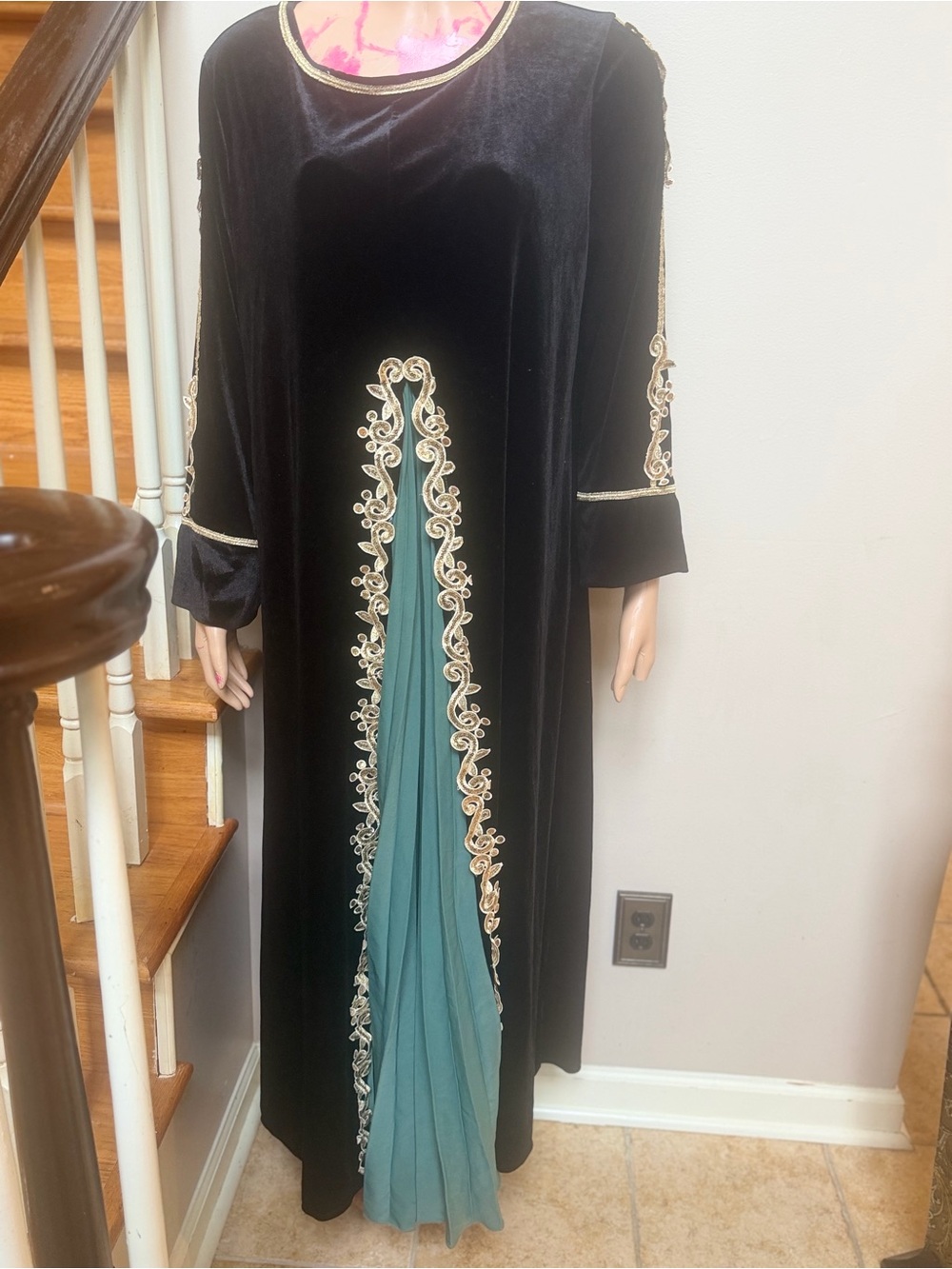 Galabiya Black Velvet Embroidered Maxi Dress with Teal Insets - Picture 2 of 6